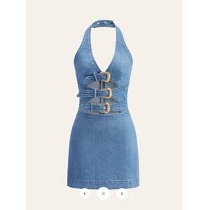 Commense Light Blue Denim Halter Maxi Dress with Buckle Straps